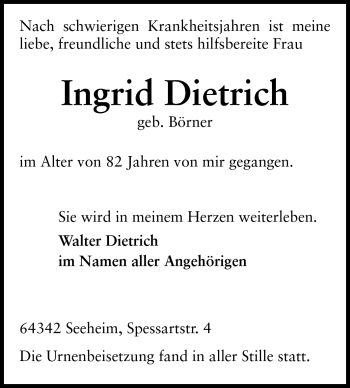 Traueranzeige von Ingrid Dietrich von Echo-Zeitungen (Gesamtausgabe)