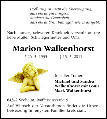 Traueranzeige von Marion Walkenhorst von Echo-Zeitungen (Gesamtausgabe)
