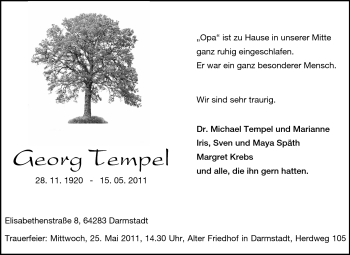 Traueranzeige von Georg Tempel von Darmstädter Echo, Odenwälder Echo, Rüsselsheimer Echo, Groß-Gerauer-Echo, Ried Echo