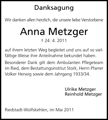 Traueranzeige von Anna Metzger von Rüsselsheimer Echo, Groß-Gerauer-Echo, Ried Echo