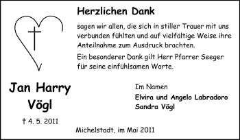 Traueranzeige von Jan Harry Vögl von Odenwälder Echo