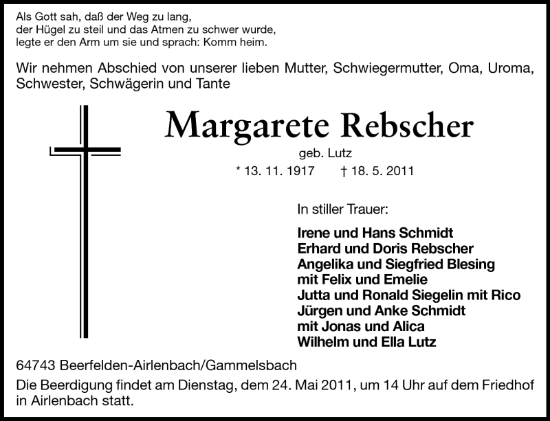  Traueranzeige für Margarete Rebscher vom 20.05.2011 aus Odenwälder Echo