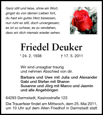 Traueranzeige von Friedrich Deuker von Echo-Zeitungen (Gesamtausgabe)