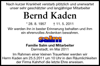 Traueranzeige von Bernd Kaden von Echo-Zeitungen (Gesamtausgabe)
