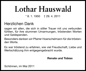 Traueranzeige von Lothar Hauswald von Odenwälder Echo