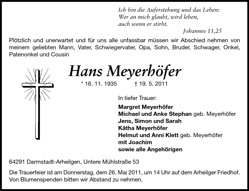  Traueranzeige für Hans Meyerhöfer vom 21.05.2011 aus Echo-Zeitungen (Gesamtausgabe)