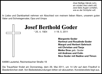 Traueranzeige von Josef Berthold Goder von Echo-Zeitungen (Gesamtausgabe)