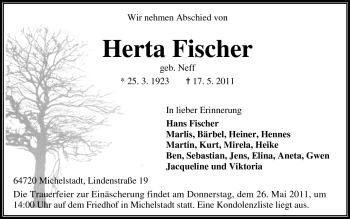Traueranzeige von Herta Fischer von Odenwälder Echo