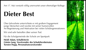 Traueranzeige von Dieter Best von Odenwälder Echo