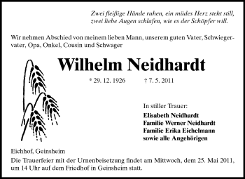Traueranzeige von Wilhelm Neidhardt von Rüsselsheimer Echo, Groß-Gerauer-Echo, Ried Echo