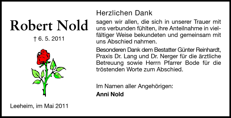  Traueranzeige für Robert Nold vom 25.05.2011 aus Rüsselsheimer Echo, Groß-Gerauer-Echo, Ried Echo