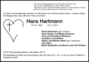 Traueranzeige von Hans Hartmann von Odenwälder Echo