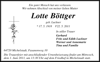 Traueranzeige von Lotte Böttger von Odenwälder Echo