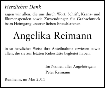 Traueranzeige von Angelika Reimann von Darmstädter Echo, Odenwälder Echo, Rüsselsheimer Echo, Groß-Gerauer-Echo, Ried Echo