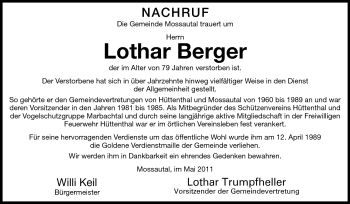 Traueranzeige von Lothar Berger  von Odenwälder Echo
