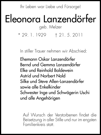 Traueranzeige von Eleonora Lanzendörfer von Rüsselsheimer Echo, Groß-Gerauer-Echo, Ried Echo