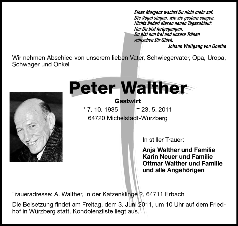  Traueranzeige für Peter Walther vom 26.05.2011 aus Odenwälder Echo