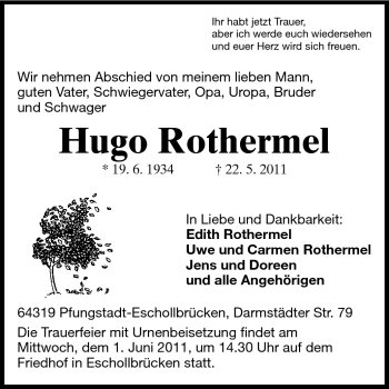 Traueranzeige von Hugo Rothermel von Echo-Zeitungen (Gesamtausgabe)