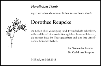 Traueranzeige von Dorothee Reupcke von Darmstädter Echo, Odenwälder Echo, Rüsselsheimer Echo, Groß-Gerauer-Echo, Ried Echo