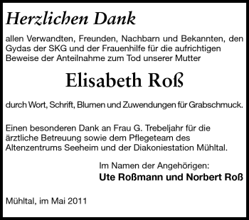 Traueranzeige von Elisabeth Roß von Echo-Zeitungen (Gesamtausgabe)