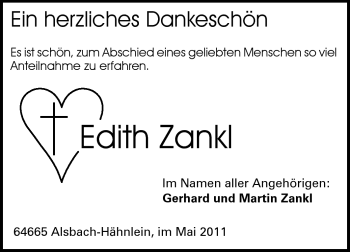 Traueranzeige von Edith Zankl von Echo-Zeitungen (Gesamtausgabe)