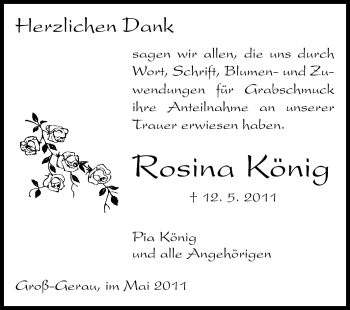 Traueranzeige von Rosina König von Rüsselsheimer Echo, Groß-Gerauer-Echo, Ried Echo