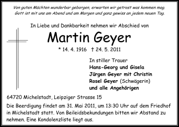 Traueranzeige von Martin Geyer von Odenwälder Echo