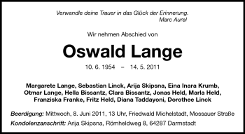 Traueranzeige von Oswald Lange von Echo-Zeitungen (Gesamtausgabe)