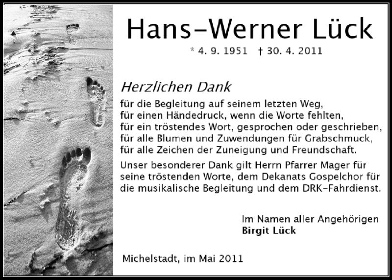  Traueranzeige für Hans-Werner Lück vom 28.05.2011 aus Odenwälder Echo
