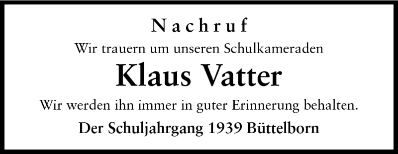  Traueranzeige für Klaus Vatter vom 27.05.2011 aus Rüsselsheimer Echo, Groß-Gerauer-Echo, Ried Echo