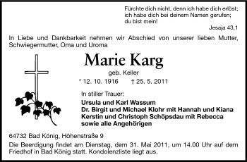 Traueranzeige von Marie Karg von Odenwälder Echo