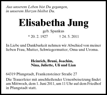 Traueranzeige von Elisabetha Jung von Echo-Zeitungen (Gesamtausgabe)