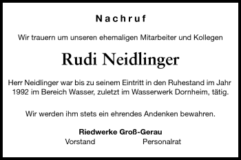 Traueranzeige von Rudi Neidlinger von Rüsselsheimer Echo, Groß-Gerauer-Echo, Ried Echo