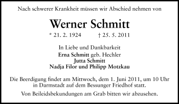Traueranzeige von Werner Schmitt von Darmstädter Echo, Odenwälder Echo, Rüsselsheimer Echo, Groß-Gerauer-Echo, Ried Echo