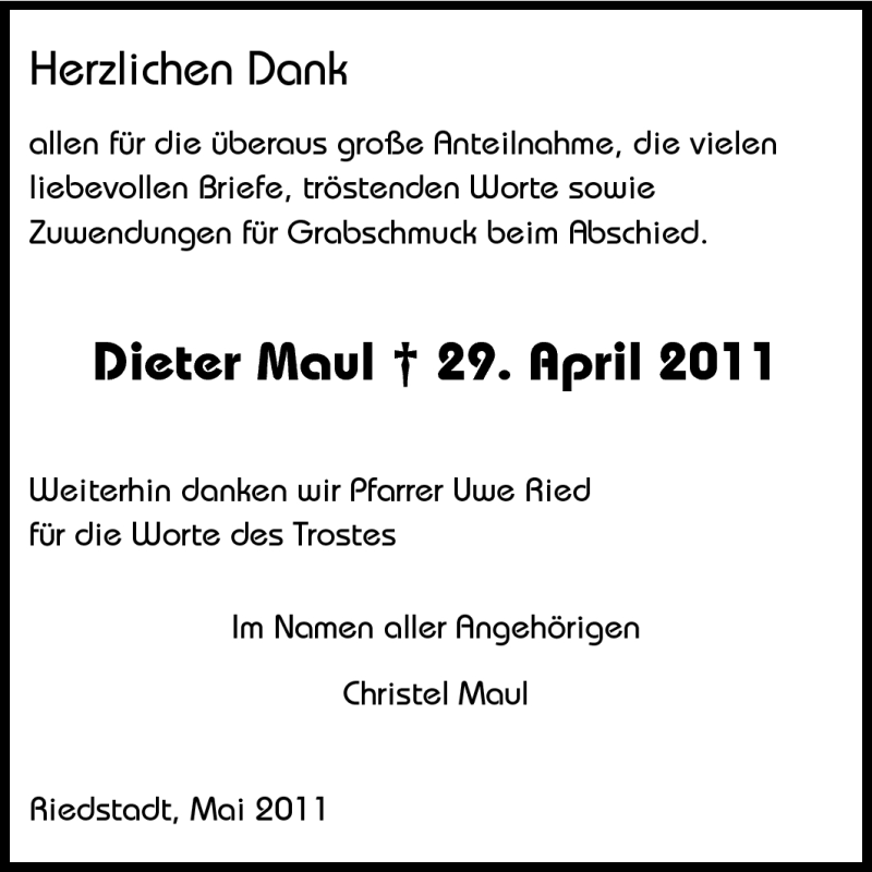  Traueranzeige für Dieter Maul vom 28.05.2011 aus Echo-Zeitungen (Gesamtausgabe)