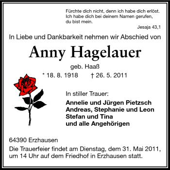Traueranzeige von Anny Hagelauer von Echo-Zeitungen (Gesamtausgabe)