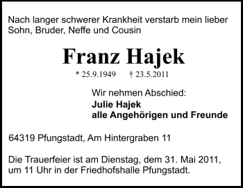 Traueranzeige von Franz Hajek von Echo-Zeitungen (Gesamtausgabe)