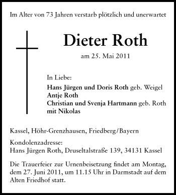 Traueranzeige von Dieter Roth von Darmstädter Echo, Odenwälder Echo, Rüsselsheimer Echo, Groß-Gerauer-Echo, Ried Echo