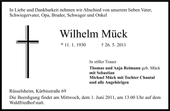 Traueranzeige von Wilhelm Mück von Rüsselsheimer Echo, Groß-Gerauer-Echo, Ried Echo