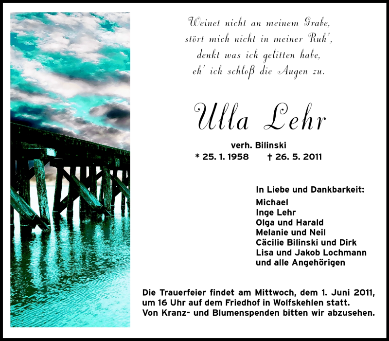  Traueranzeige für Ulla Lehr vom 30.05.2011 aus Rüsselsheimer Echo, Groß-Gerauer-Echo, Ried Echo