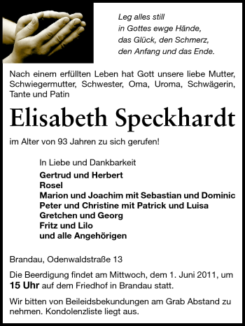 Traueranzeige von Elisabeth Speckhardt von Echo-Zeitungen (Gesamtausgabe)