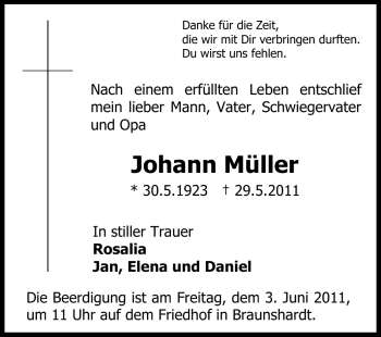 Traueranzeige von Johann Müller von Echo-Zeitungen (Gesamtausgabe)