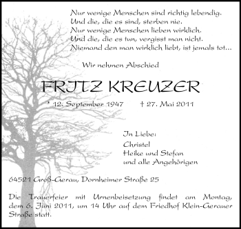 Traueranzeige von Fritz Kreuzer von Rüsselsheimer Echo, Groß-Gerauer-Echo, Ried Echo