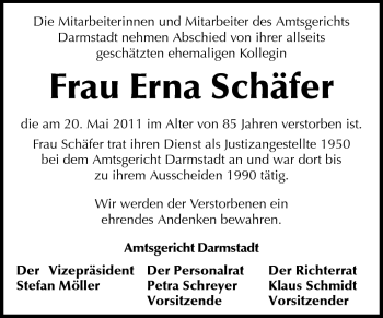 Traueranzeige von Erna Schäfer von Darmstädter Echo, Odenwälder Echo, Rüsselsheimer Echo, Groß-Gerauer-Echo, Ried Echo