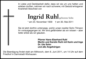 Traueranzeige von Ingrid Ruhl von Echo-Zeitungen (Gesamtausgabe)