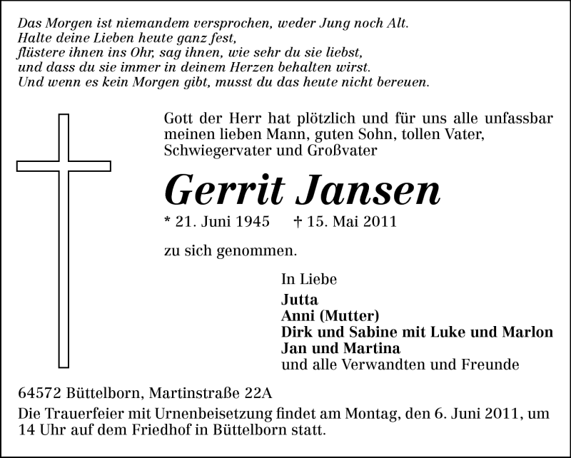 Traueranzeige für Gerrit Jansen vom 01.06.2011 aus Darmstädter Echo, Odenwälder Echo, Rüsselsheimer Echo, Groß-Gerauer-Echo, Ried Echo