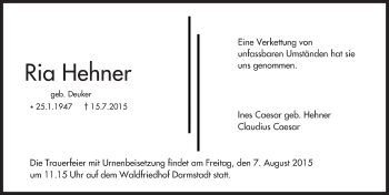 Traueranzeige von Ria Hehner von trauer.echo-online.de