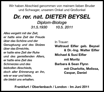 Traueranzeige von Dieter Beysel von Echo-Zeitungen (Gesamtausgabe)