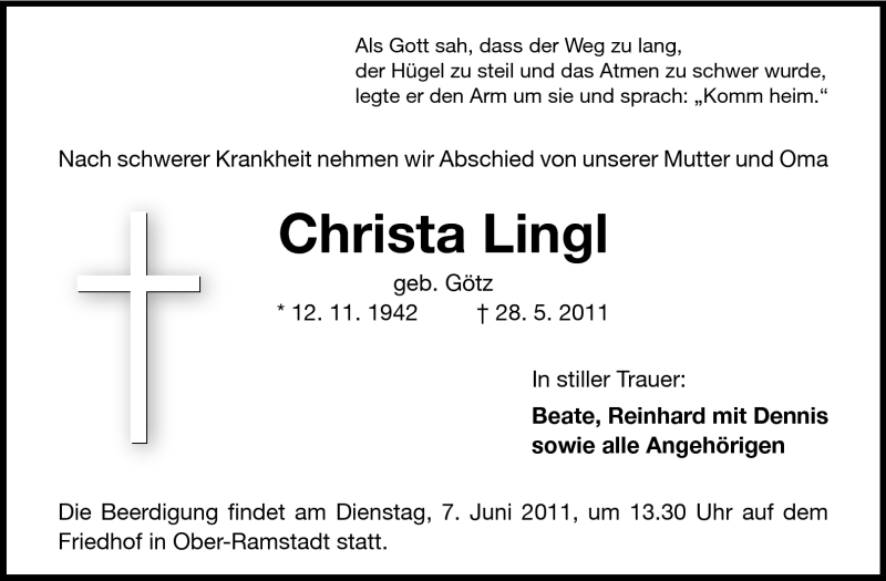  Traueranzeige für Christa Lingl vom 04.06.2011 aus Echo-Zeitungen (Gesamtausgabe)