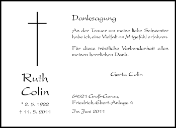 Traueranzeige von Ruth Colin von Rüsselsheimer Echo, Groß-Gerauer-Echo, Ried Echo